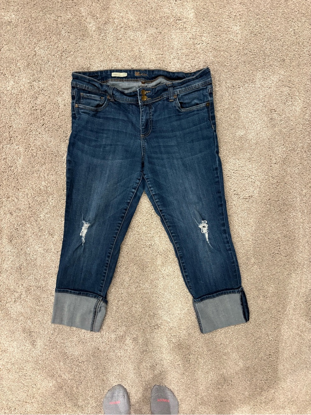 Kut from the Kloth Dark Blue Cropped Distressed Cameron Straight Leg Jeans